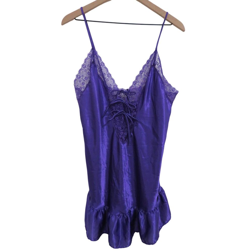 Purple Satin Lace Trim Bow Slip Dress Y2K Vintage